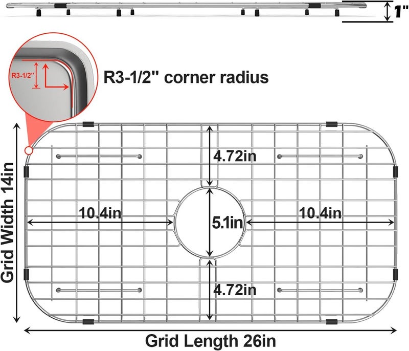 Fritoing Protector Grid 26-1/16" x 14-1/16", Centered Drain with Corner Radius 3-1/2", Stainless Steel Material for Kitchen Sink Centered Drain with Corner Radius - Image 2